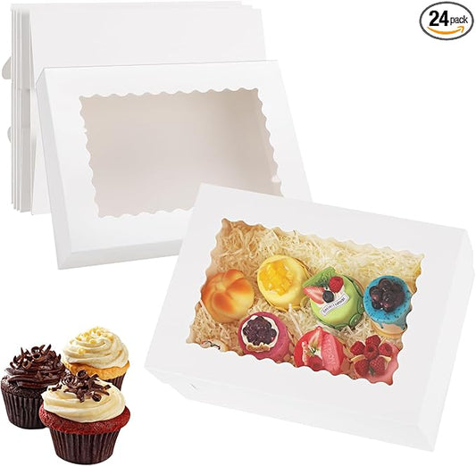 24 Sets 14x10x4in White Bakery Boxes Half Sheet Cake Boxes with Window, Large Rectangle Sheet Cake Boxes Treat Boxes for Pastry Baking Cake Donuts Cupcake Pie Packaging