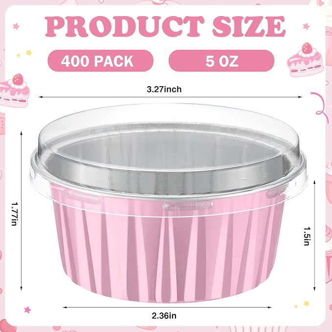Gejoy 400 Pcs Aluminum Foil Baking Cups with Lids 5 oz Disposable Ramekins Mini Cake Pans Creme Brulee Cupcake Liners Muffin Dessert Container for Wedding Birthday Party (Elegant,Pink Color)