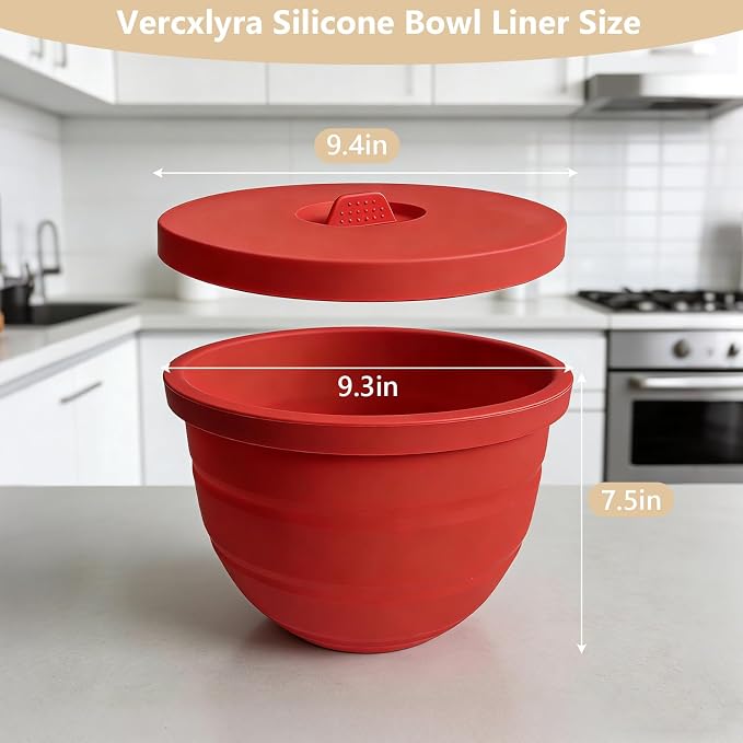 Silicone Mixing Bowl Liners Compatible with KitchenAid 5Qt Tilt-Head Stand Mixer, Food Grade Collapsible Bowl Inserts with Airtight Lids, Foldable & Reusable Mixer Accessories for Baking，Red
