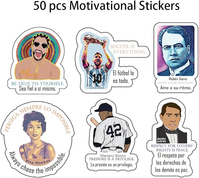 Hispanic Heritage Month Stickers - Bilingual Motivational Quotes from Latin Icons for Students Spanish Learners Journals