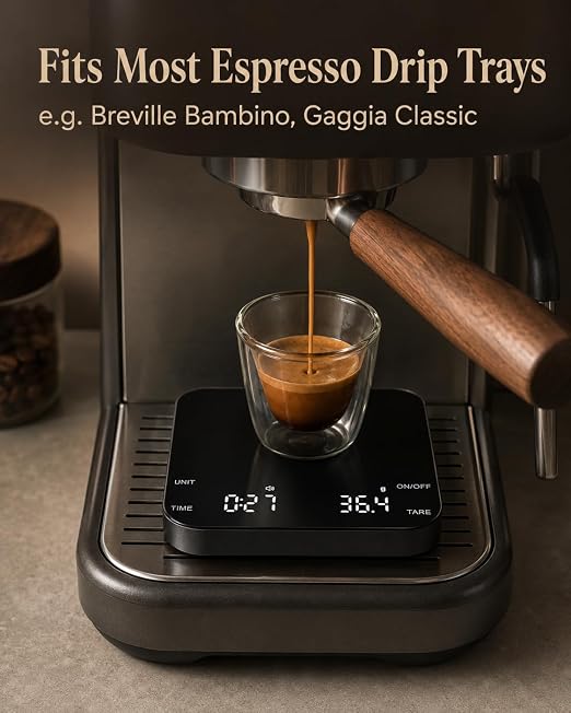 Coffee Scale with Timer, 0.1g Precision Mini Espresso Scale | USB-C Rechargeable Digital Kitchen Gram Meter, 6 Units, Fits Drip Tray, for Pour Over, Barista, Matcha (Black, 0.3-2000g)