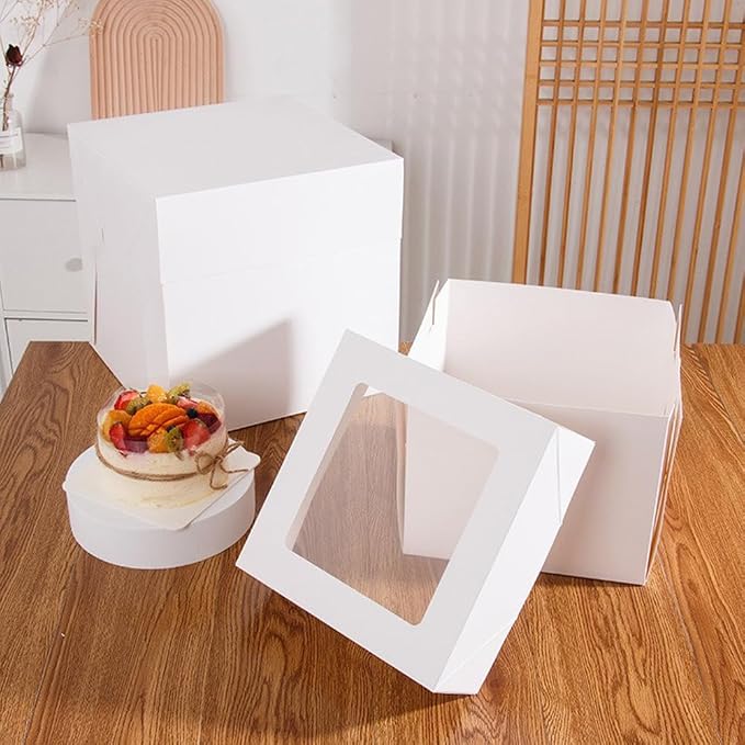 12x12x12 Cake Boxes Tall Cake Boxes White 2 Tier Bakery Cake Transport Container with Window for Weddings Birthdays Decorating with Ribbons, 2 Pack