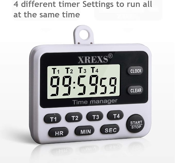 XREXS 4-Channel Digital Kitchen Timer Clock with Large LCD Display, 4 Groups Simultaneous Timing Countdown Up Pocket Timer, Magnetic Attachable (Battery Included)