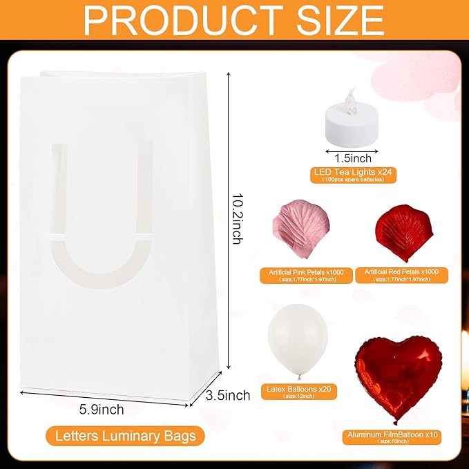I Love You Light Up Letters, Luminary Paper Bags with LED Tea Lights Rose Petals Latex Heart Balloons for Her Valentines' Day Anniversary Wedding Proposal Decorations