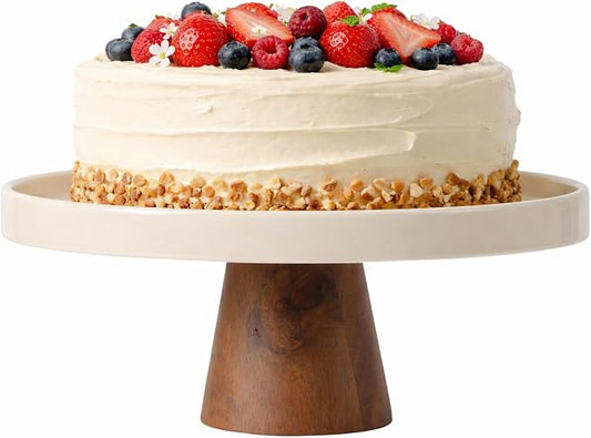 Gibson Elite 10.7-Inch Stoneware Cake Stand with Acacia Wood Base – Taupe Round Dessert Display Stand for Cakes, Cupcakes & Party Entertaining