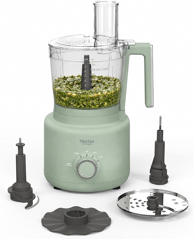 Martha Stewart Food Processor, 10-Cup Electric Chopper for Slicing, Shredding, Mincing and Puree, BPA-Free Twist & Lock Bowl, 3 Multipurpose Blades, Variable Speed Dial, Wide Feed Chute, Honeydew