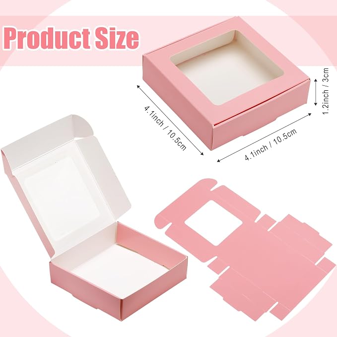Zonon 30 Pcs Kraft Paper Boxes with Window 4.13 x 4.13 x 1.18 Inch Candy Packaging, Small Gift Boxes, Soap holder, Mini Treat Packaging for Bakery Chocolate Jewelry Display (Pink)