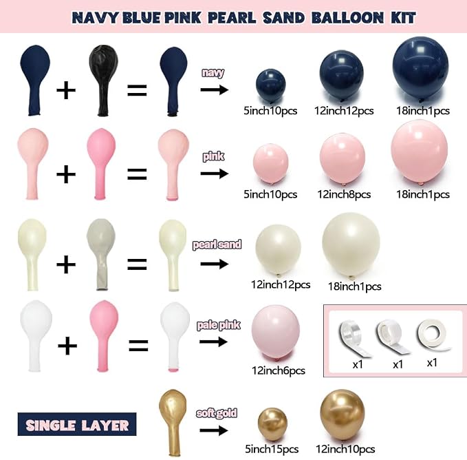 Navy Blue Pink Gold Balloon Arch Kit Double Stuffed Dark Blue, Pastel Light Pale Pink, White Sand Pearl Balloon Garland for Birthday Baby Shower Gender Reveal Wedding Graduation Party Decoration