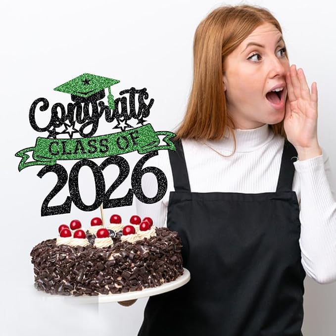 Glitter Class of 2026 Cake Topper，Congrats Grad Decorations， 2026 Happy Graduation High School/College/University Graduation Party Supplies