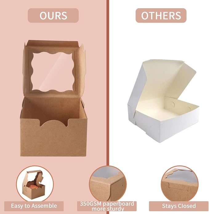 25pcs Brown Small Cake Box,4x4x2.5 Inch Bakery Boxes with Window,gift boxes bulk for Mini Cake Pastry Dessert Strawberries Chocolates Cupcakes with Stickers