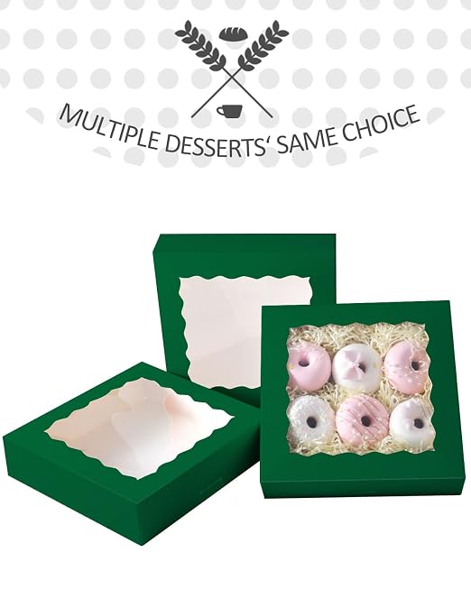 qiqee Green Pastry Box With Window 8x8x2.5 inch Donut Pie Boxes 30pcs Bakery Box Auto-pop up
