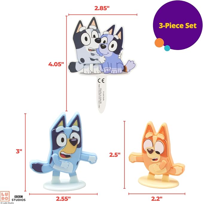 DecoSet® Bluey Dance Mode Cake Toppers, 3 Piece Cake Decoration With Bluey And Bingo Figurines and Muffin & Socks Poly Pic, For Birthday, Parties, Celebration