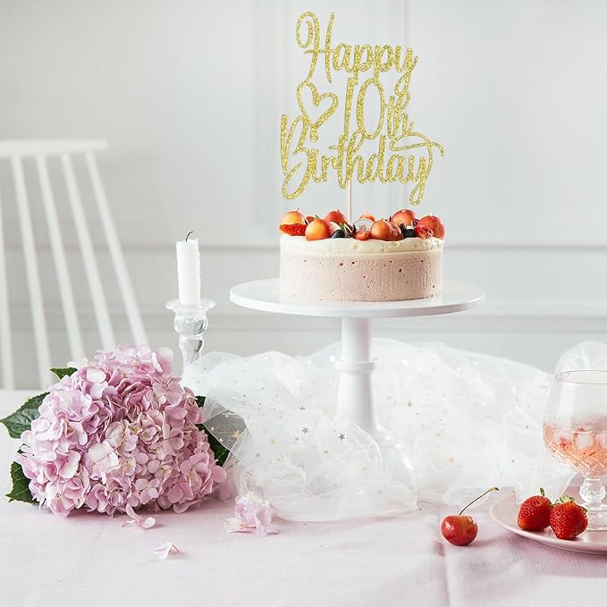 Gold Glitter Happy 10th Birthday Cake Topper - Cheers to 10 Years Cake Topper, 10 & Fabulous Cake Decoration for Hello 10th Birthday Anniversary Party Cake Decorations Supplies