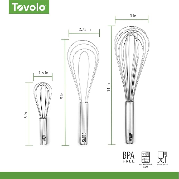 Tovolo Stainless Steel Whisk Set of 5 Complete Dishwasher Safe Collection 6" Mini, 9" Beat, 10" Flat for Sauce, 11" Balloon Whip and 12" Dutch Dough Whisk for Cooking Whisking Mixing Whipping Beating