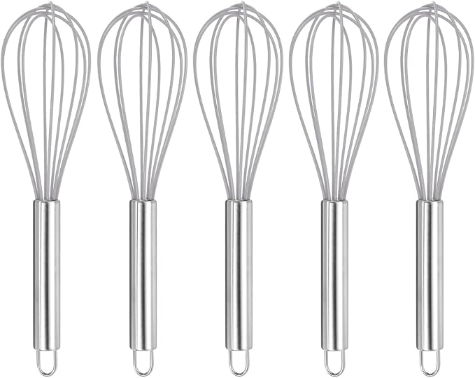 HARFINGTON 5Pcs Silicone Whisk 10" Kitchen Whisk Wire Whisks Beater with Stainless Steel Handle for Egg Milk Whisking Blending Beating & Stirring, Grey