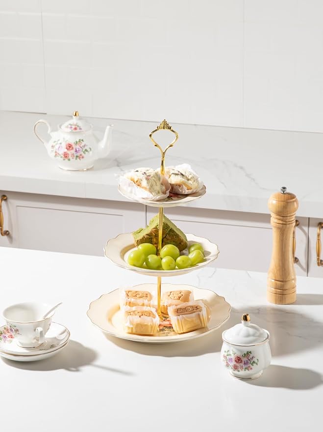 Sweejar 3 Tier Ceramic Cake Stand Wedding, Dessert Cupcake Stand for Tea Party Serving Platter(Rose)