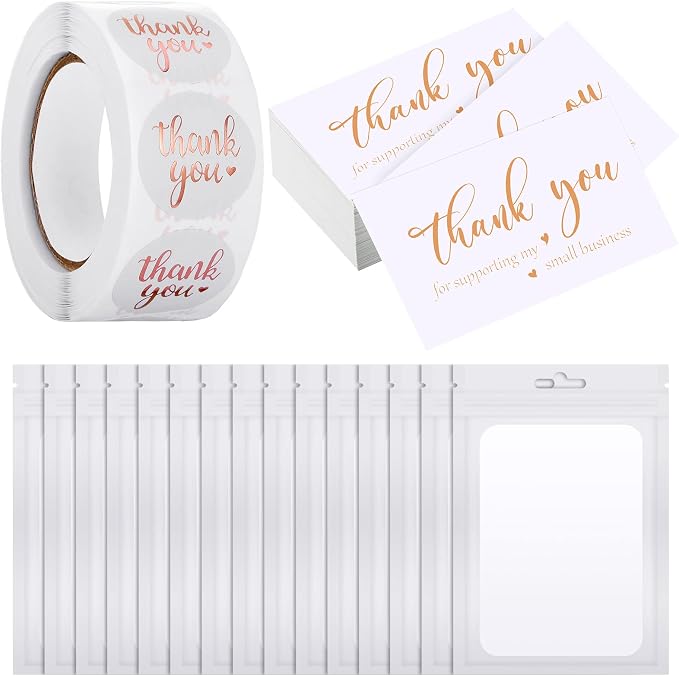 Outus 620 Pieces Thank You for Supporting My Small Business Cards and Stickers Set, Thank You Gold Foil Stickers with Resealable Packaging Bag for Business Owners Packaging Supplies (White)