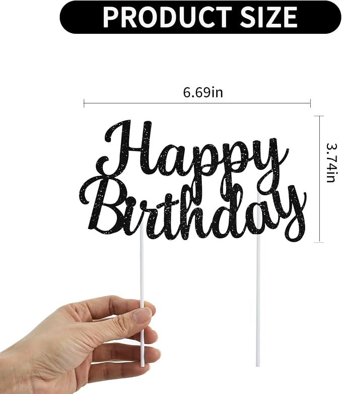 BEISHIDA Black happy birthday Cake Topper, Happy Birthday Cake Bunting Decor,Birthday Party Decoration Supplies，Photo Booth Props