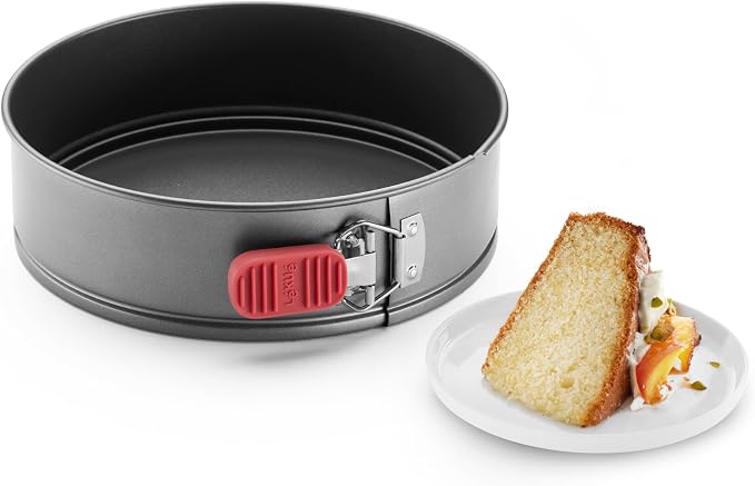Lékué Non-Stick Round Springform Cake Tin - 9.5" Carbon Steel Oven Baking Pan with Platinum Silicone Handle, Even Heat, Dual Non-Stick Ceramic Coating, Scratch Resistant, PFOA & PFA-Free, 9.6x10x2.8"