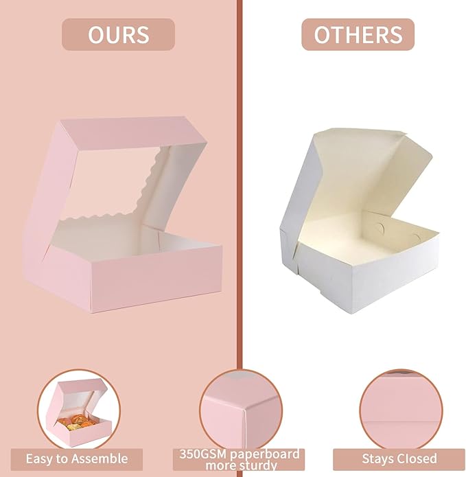 36 pcs 9x9x2.5 Inches Bakery Boxes with Window, Cake Pastry Cookie Mini Pie Box for Pastry,Dessert,Strawberries,Chocolates box (Pink)