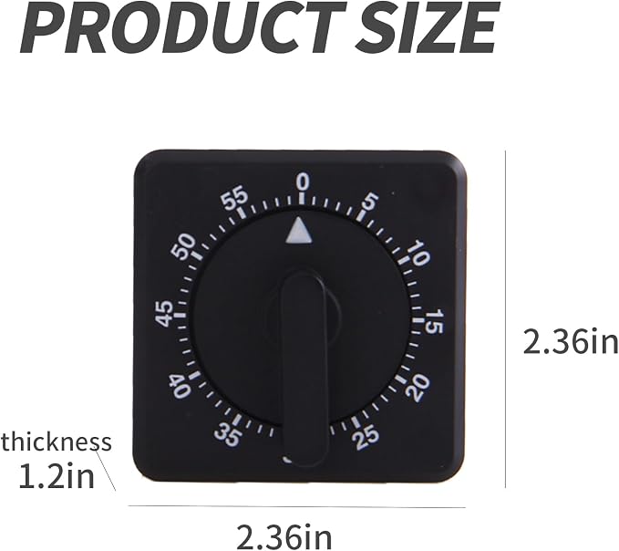Square 60 Minute Mechanical Kitchen Timer Loud Alarm No Batteries Ideal for Cooking Baking and Kitchen Management Black