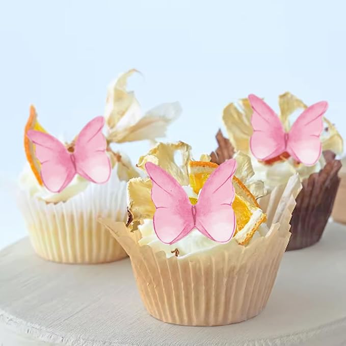 52 pieces edible wafer paper butterfly cake decoration, suitable for weddings, birthdays, Christmas parties to decorate cookies, donuts, cocktails, cupcake tops (Watercolor pink)
