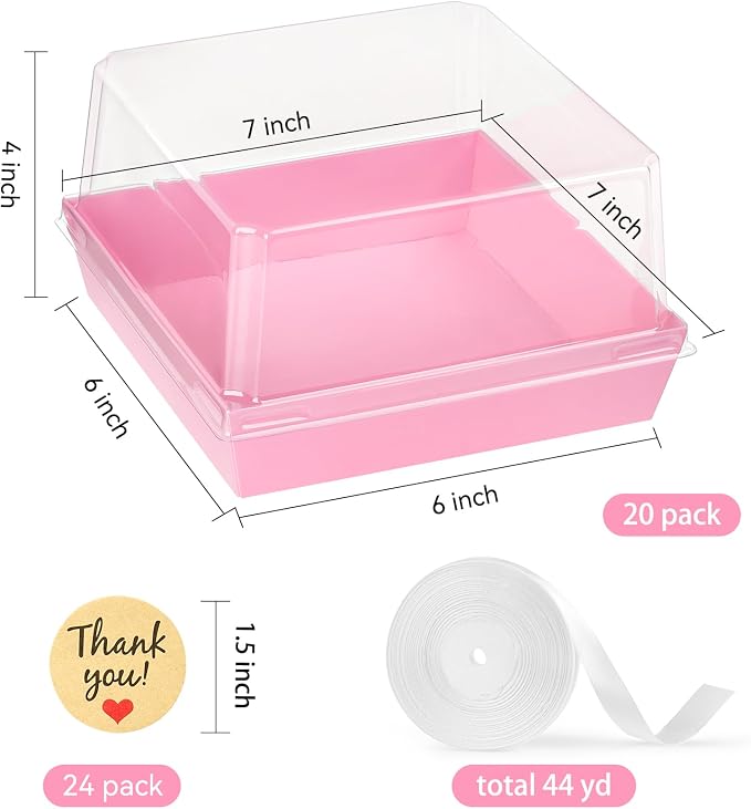 Kucoele Cake Boxes with Clear Lids, 7 x 7 x 4 Inches, 20 Pack, Pink | Disposable, Square Charcuterie Boxes, To Go Food Containers, For 4-6 Inch Cake, Jumbo Cupcakes, Bakeries