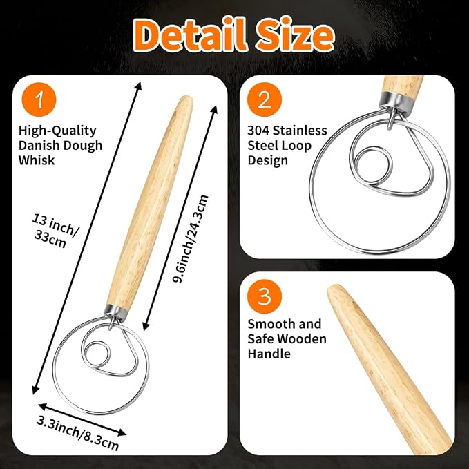 Polly Online Dough Whisk,Wooden Handle Danish Sourdough Whisk with Stainless Steel Dough Hook for Bread, Pastry or Pizza Dough 13 Inch 1-PACK