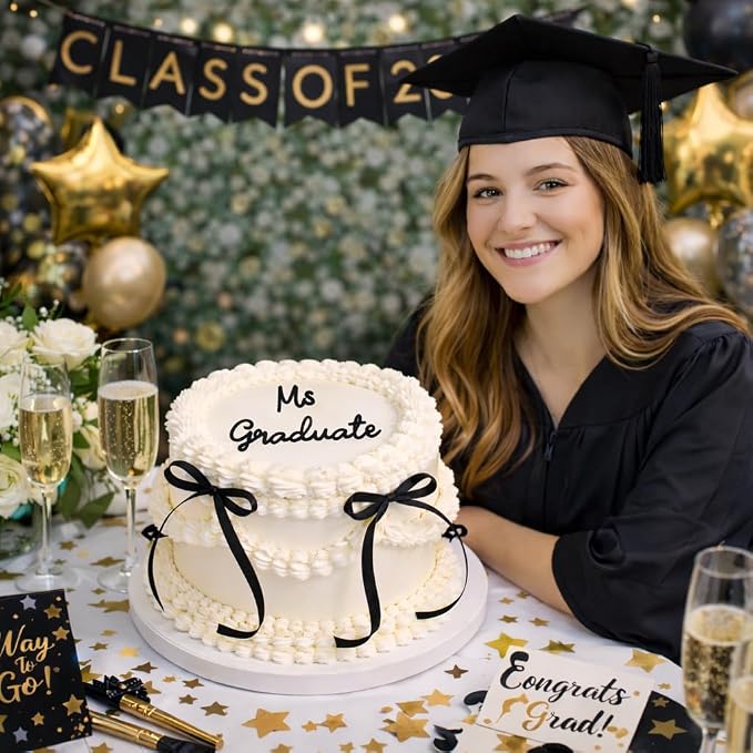Ms Graduate Cake Topper 2026, Self Celebration Graduation Cake Decoration, Proud of Myself Grad Cake Topper, Black Acrylic Flat Topper for Girls Party Photoshoot (Ms graduate)