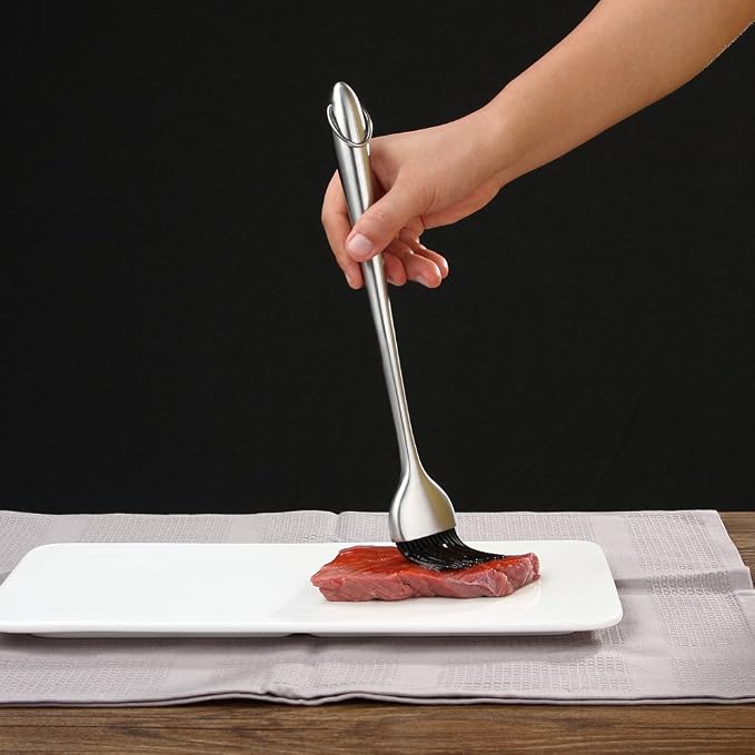 Heavy-duty BBQ Basting Brush by HQY - Silicone Bristles with 12 Inch Stainless Steel Handle - Make Grilling Easy - 5 Year Guarantee