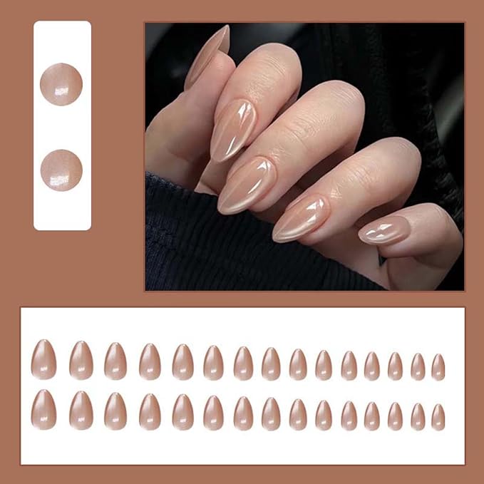 30Pcs Press on Nails Short Almond ZWENJIE Cat Eye Fake Nails Press ons Nail Tips Stick on Nails Tip Acrylic Nails Kit French False Nails with Light Coffee Design Nail Art for Women Manicure
