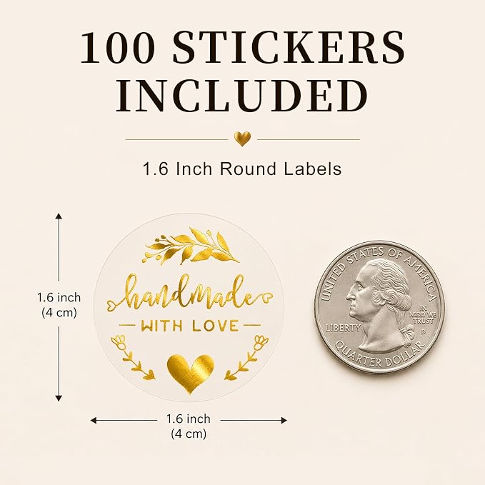 100 Handmade with Love Stickers, Clear Gold Foil Labels for Small Business Packaging, Bakery Boxes, Gift Bags, Cookies, Handmade Crafts & Customer Orders, 1.6 Inch Round