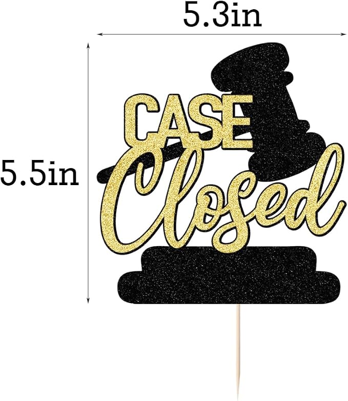 Case Closed Cake Topper - Congrats Lawyer Cake Decor - Law School/College Graduation Black Gold Glitter Party Decorations Supplies