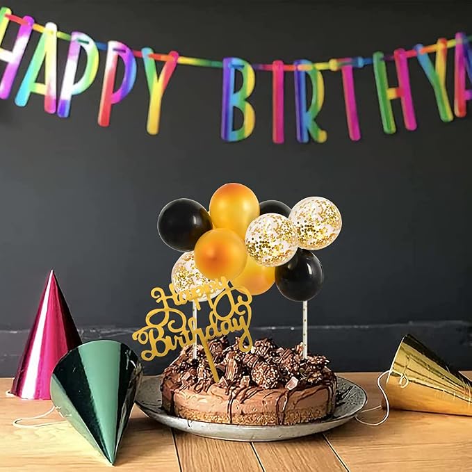BEISHIDA Happy Birthday Cupcake Toppers - Black Gold Mini Balloon Cloud Birthday Cake Decorations for Boys Men Anniversary Party Decorations