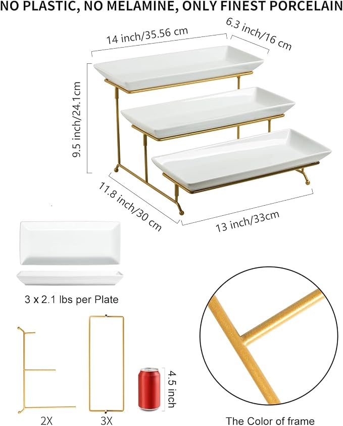 LAUCHUH Large 3 Tier Serving Stand Tiered Serving Trays with Collapsible Sturdier Rack Porcelain Serving Trays and Platters for Fruit Dessert Presentation Father's Day Party Display Set, 14 Inch