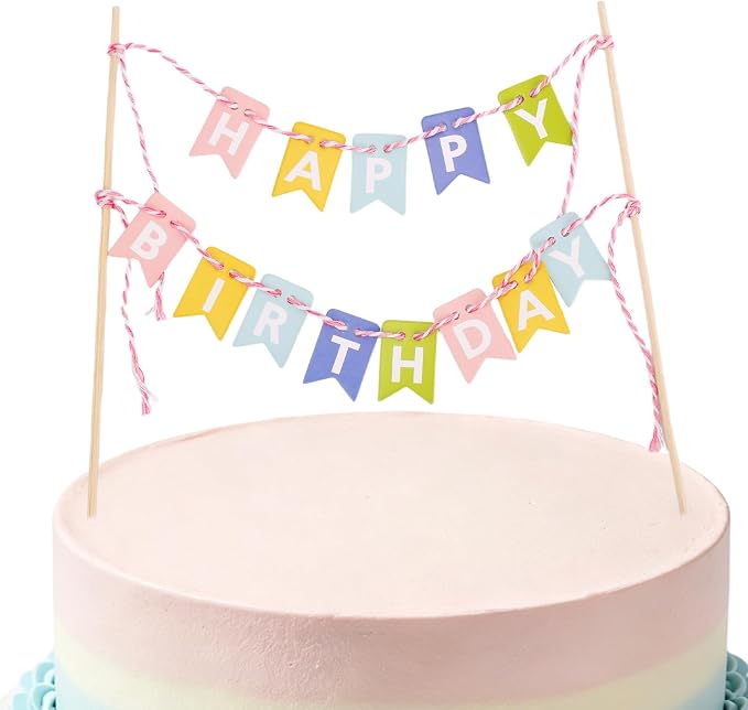 Gosknor Happy Birthday Flag Banner Cake Topper, Handmade Pennant Birthday Cake Flag Decoration for Party Decorations Supplies (Macaron Colors)