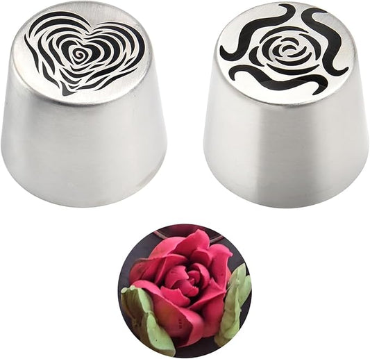 2 Extra Large Russian Piping Tip, 44mm Stainless Steel Rose Flower Nozzle for Cake Decorating, Frosting, Dishwasher Safe, Large Flower Icing Tips for Beginners & Pros (Rose and Heart)