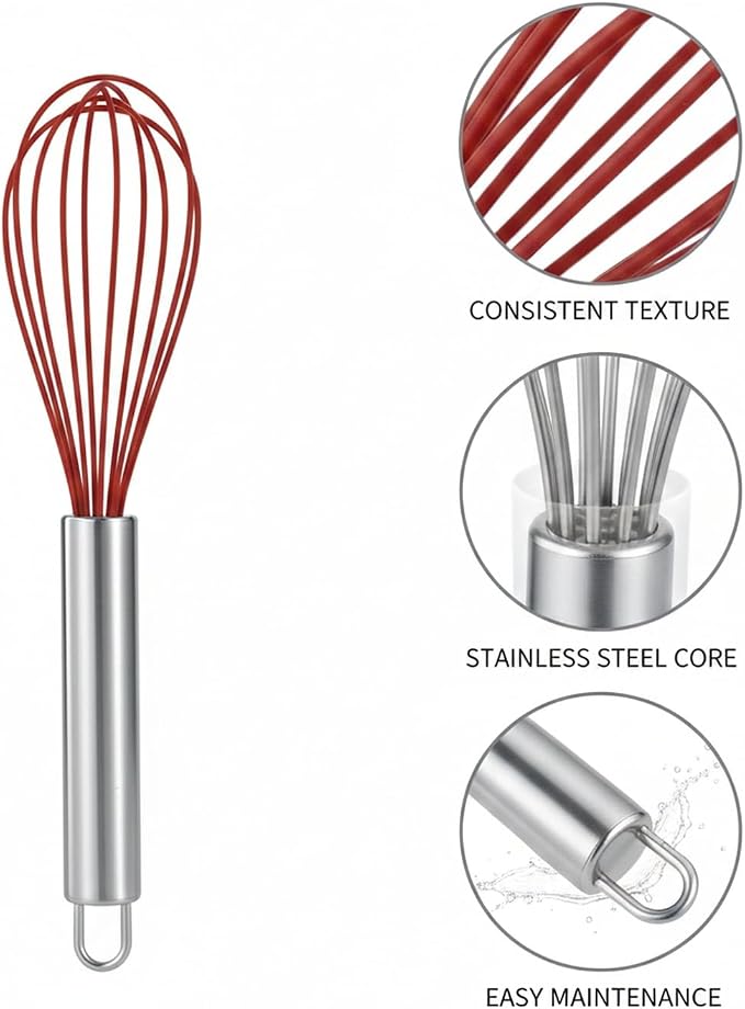Silicone Whisk, Non-Scratch Coated Wires with Stainless Steel Core for Mixing Batters and Sauces in Nonstick Cookware, 13 Inch (1 PC)