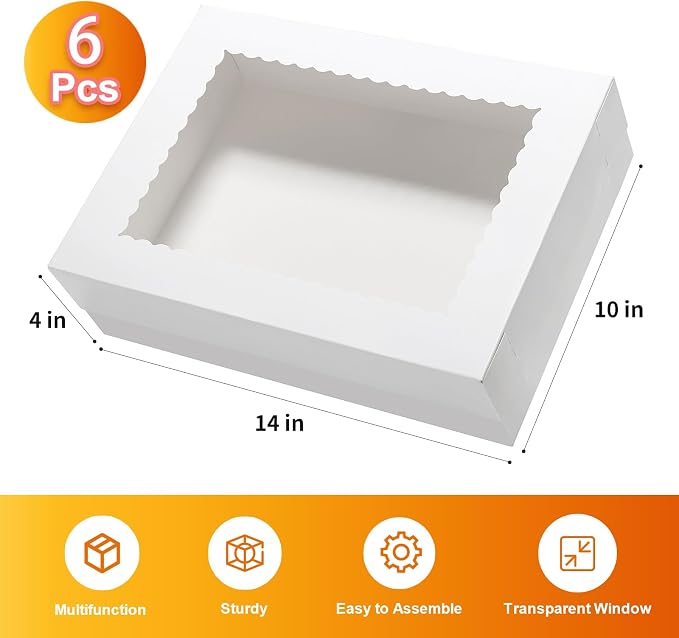 Wowxyz 14x10x4 Cake Boxes 6pcs Rectangle Quarter Sheet 1/4 Sheet Bakery Boxes with Window - Donuts, Pastry Baking Cake, Pie White Cardboard Treat Packaging