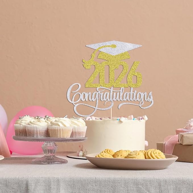Silver-gold 2026 Congratulations Graduation Cake Topper,Congrats Grad Cake Decor - 2026 High School/College/Senior Graduation Party Decorations Supplies