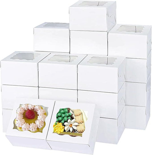 150pcs White Small Cake Box,4x4x2.5 Inch Bakery Boxes with Window,gift boxes bulk for Mini Cake Pastry Dessert Strawberries Chocolates Cupcakes with Stickers