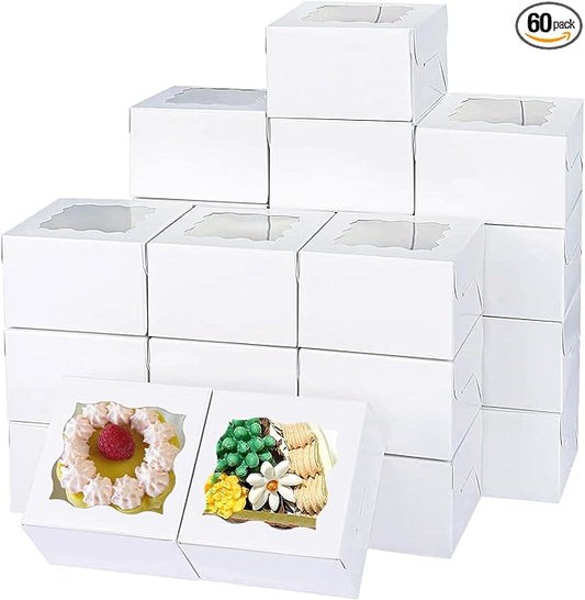60pcs White Small Cake Box,4x4x2.5 Inch Bakery Boxes with Window,gift boxes bulk for Mini Cake Pastry Dessert Strawberries Chocolates Cupcakes with Stickers