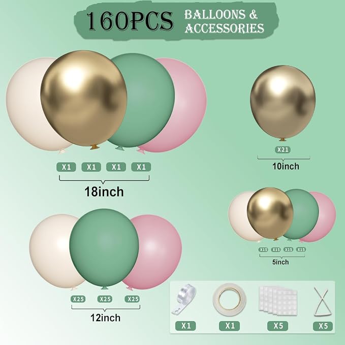 Sage Green Pink White Gold Balloons Garland Arch Kit, 160Pcs Olive Green Blush Pink White Sand Metallic Gold Balloons for Baby Shower Wedding Birthday Jungle Safari Woodland Party Decorations