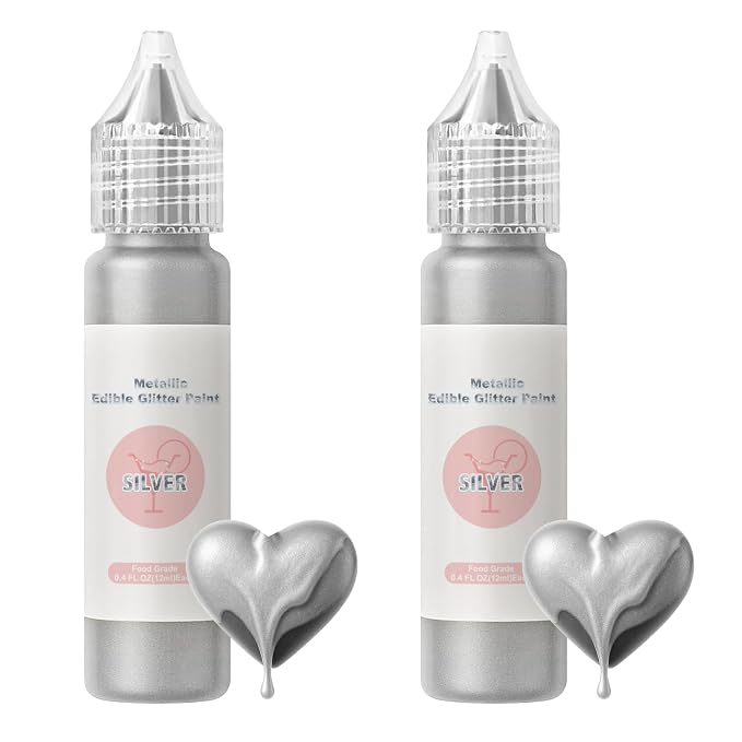 Edible Glitter Paint Set - Metallic Food Coloring Paint for Baking Cake Decorating -Vegan Art Decorative Cake Paint for Cupcakes, Cookies, Fondant, Donuts, Macaron, Candy 12ml/Each Bottle- 2 Silver