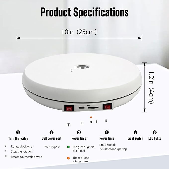 JAYEGT Multicolor LED Light Motorized Rotating Display Stand , 10 inch /55lbs Load, 360° Electronic Photography Turntable for Product Shows, Jewelry, Crystal Art (White / 5 Colors Light / Rechargeable)