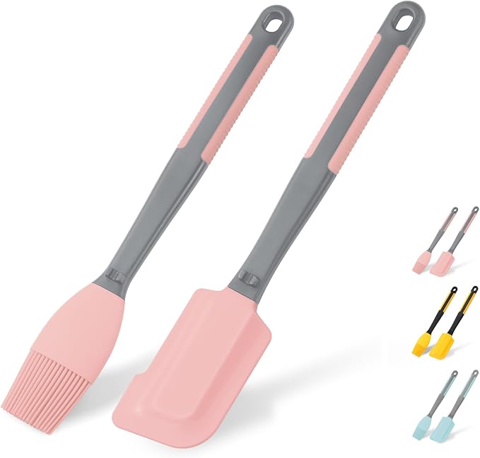 Extra Long Pastry Brush - Silicone Spatula - Basting Brush+Spatula Silicone Heat Resistant,for Baking Scraping Mixing BBQ Grill Kitchen Cooking Spread Oil Butter Sauce (Pink Brush+Spatula)