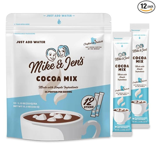 Mike & Jen's Hot Cocoa Mix Single Serve Sticks. 5 Simple Ingredients. 12 Servings