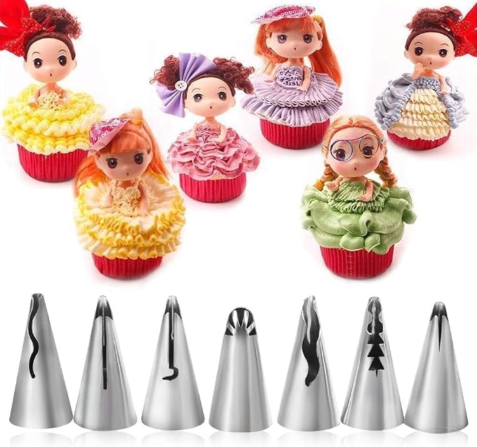 7Pcs Icing Piping Nozzles, Stainless Steel Russian Ruffle Icing Piping Tips Bobbi Skirt Piping Nozzles, DIY Pastry Fondant Cake Icing Piping Nozzles Decoration Tips Baking Tool