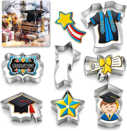 Graduation Cookie Cutters Set of 7, Stainless Steel, Cap Gown Diploma Graduate Star Shapes, for Graduation Celebration Party