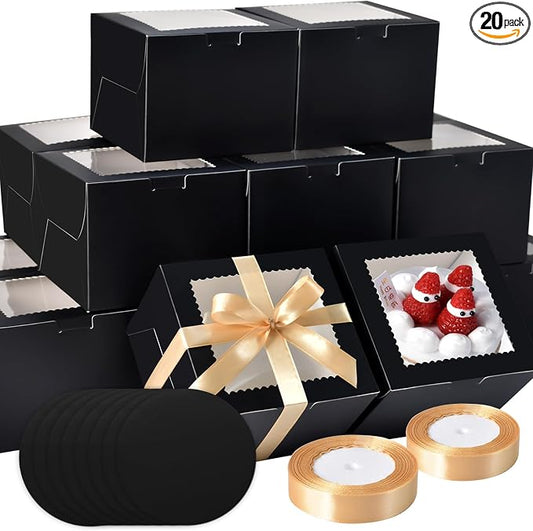 KPOSIYA 40pcs 8x8x5 inches Cake Boxes with Cake Boards（20 Boxes & 20 Boards）, Black 8 inch Cake Boxes with Window,Cajas Pasteles Square Cardboard Cake Containers for Christmas Thanksgiving